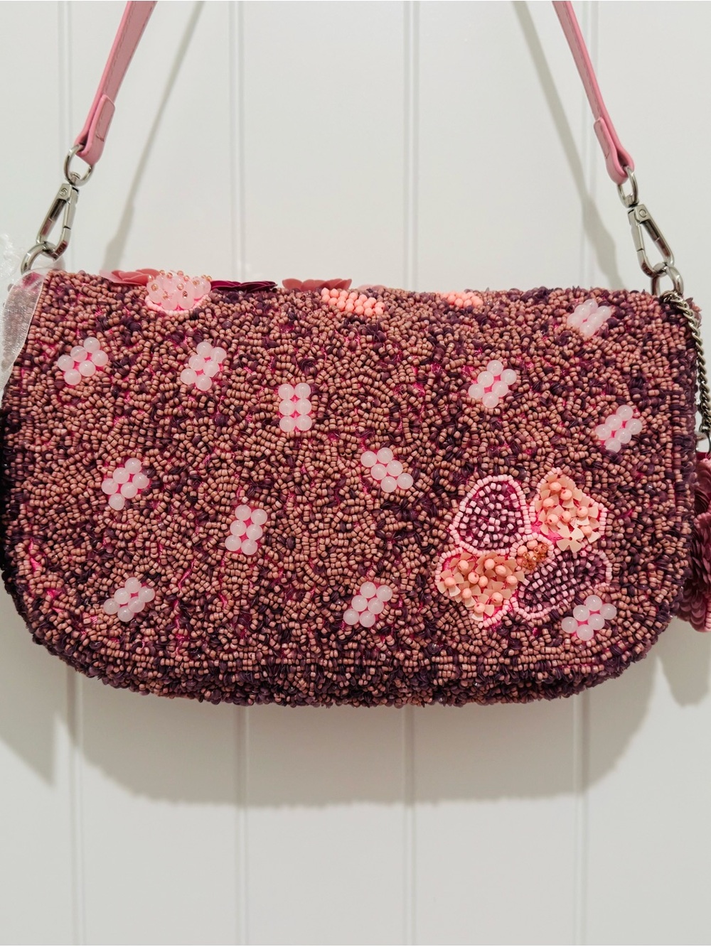 NWT Handmade in India Pink Floral Beaded Shoulder Bag with Detachable Charm - Picture 6 of 16